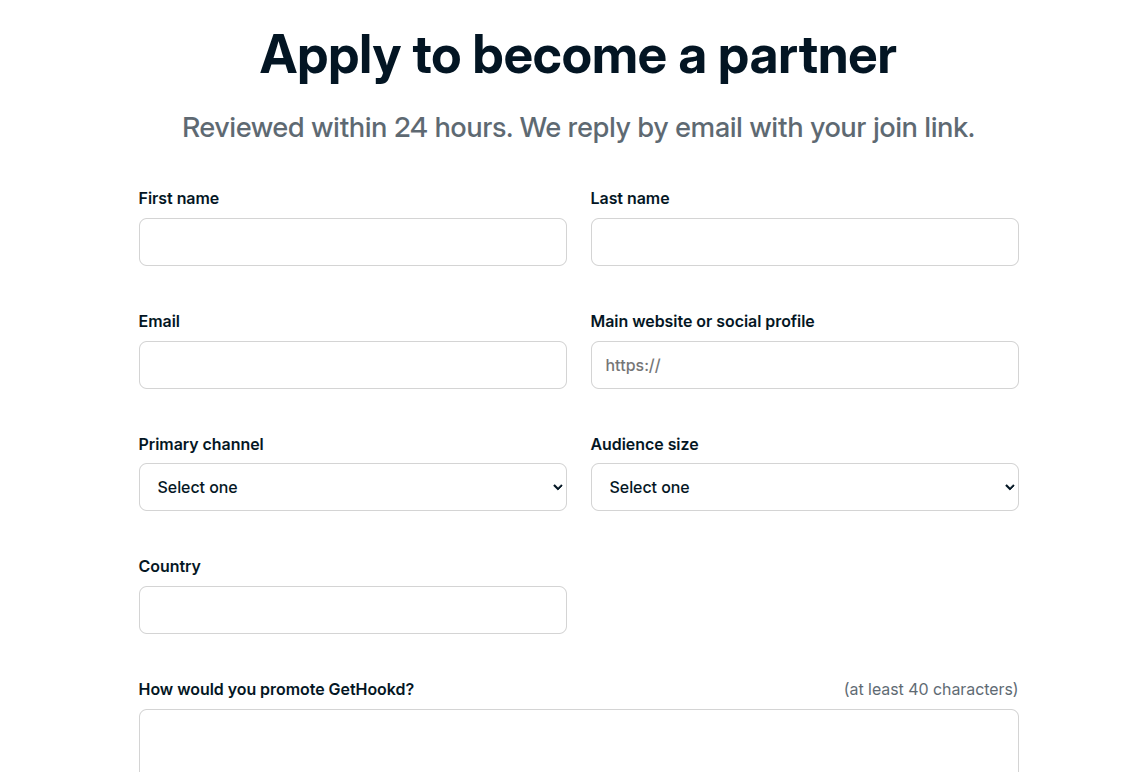 The GetHookd affiliate application form