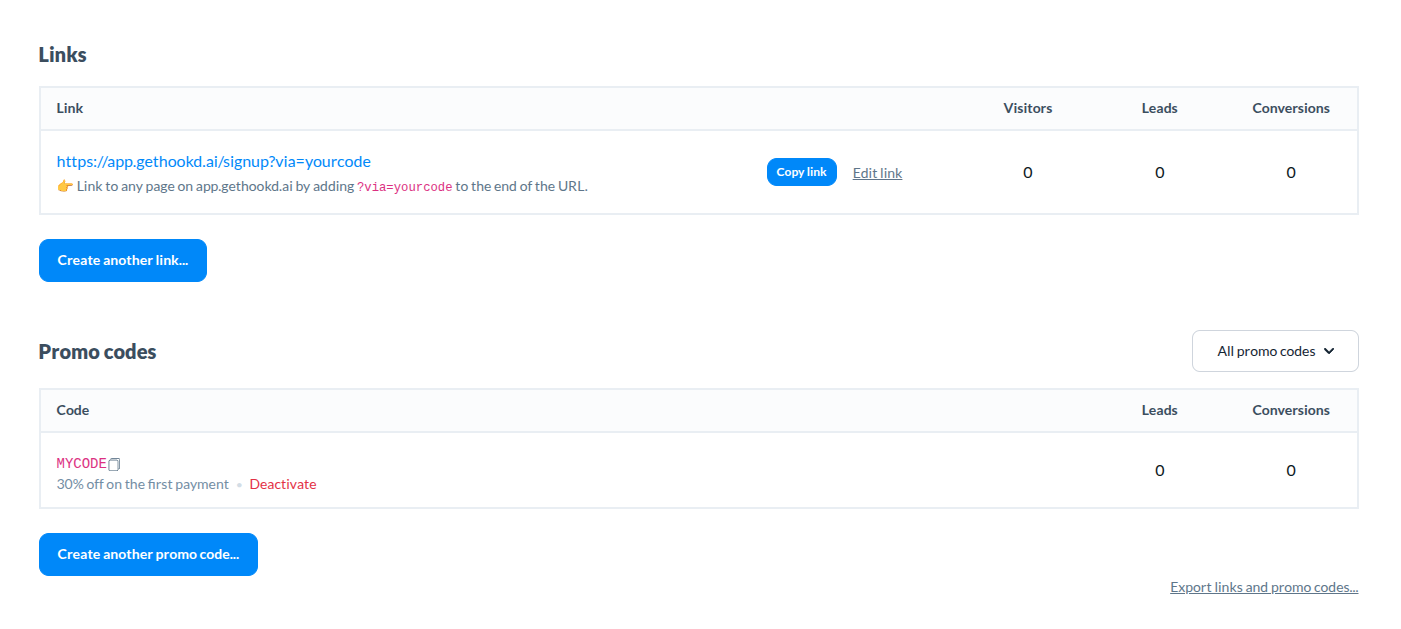 Affiliate dashboard showing a referral link and a promo code