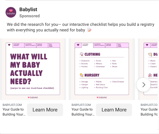 Example of a step-by-step tutorial carousel ad, featuring Babylist's baby registry checklist.