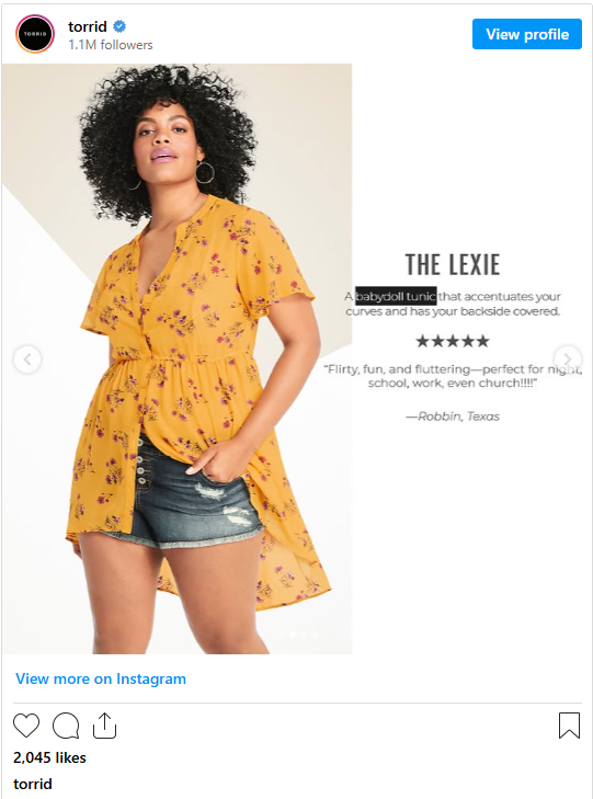 Example of a social proof carousel ad, featuring a Torrid product paired with a five-star customer testimonial.