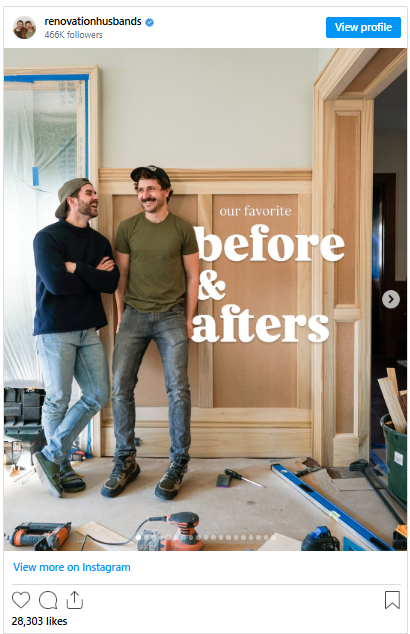 Example of a before-and-after transformation carousel post, featuring Renovation Husbands' home renovation projects.