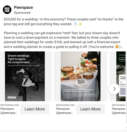 Example of a problem-solution carousel ad, featuring Peerspace's expert guide to planning a wedding under $10,000.