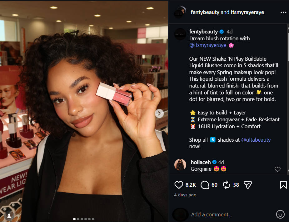 Example of a user-generated content carousel post, featuring a Fenty Beauty collab with creator Raye.