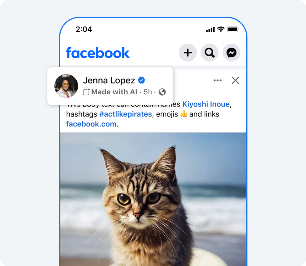 Screenshot of Facebook's mobile interface showing a Made with AI disclosure label on a post.