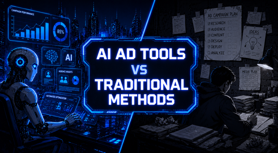 Split image contrasting a robot using digital dashboards with a person manually planning campaigns on paper notes.