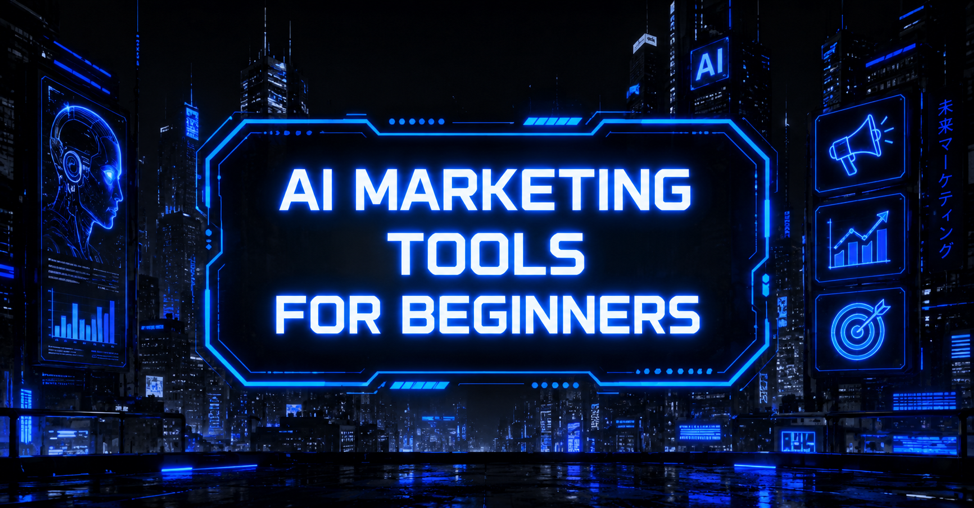 Glowing neon title graphic for AI Marketing Tools for Beginners set against a futuristic cyberpunk skyline with billboards.