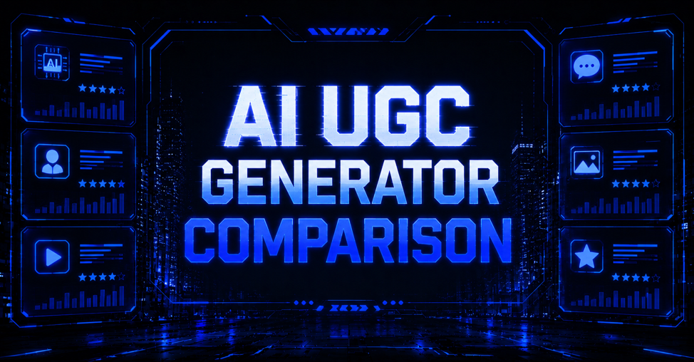 Neon-lit digital title graphic for AI UGC Generator Comparison with side panels featuring icons, charts, and star ratings.