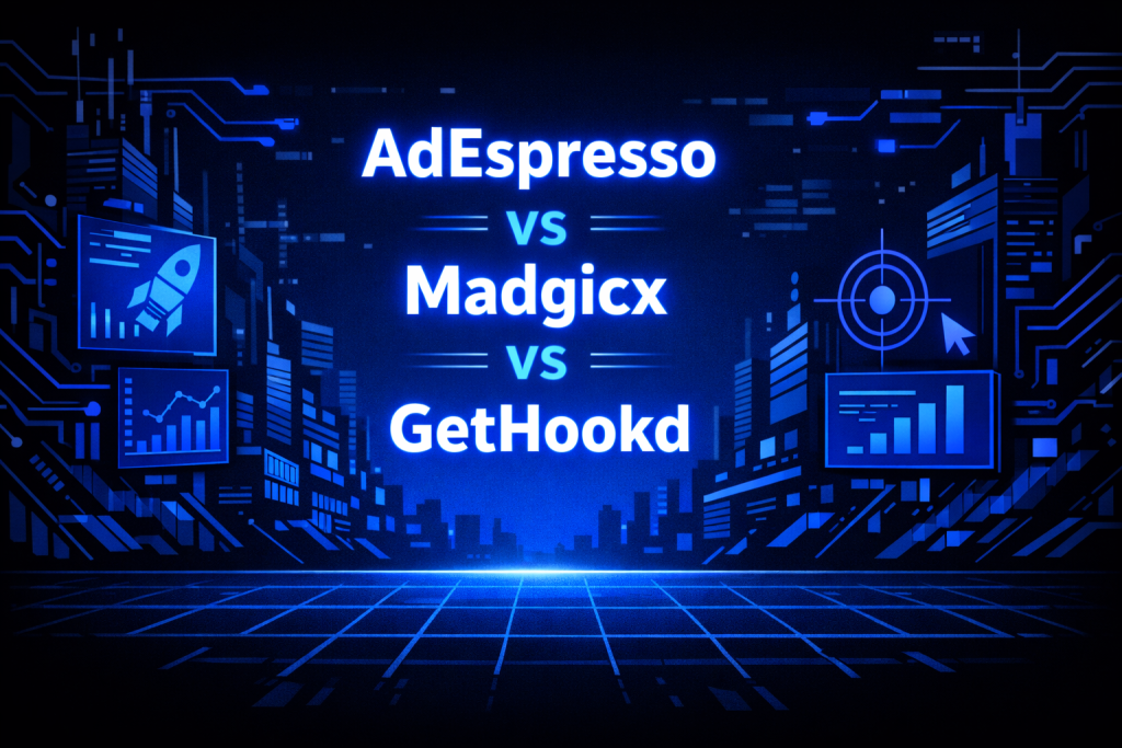 AdEspresso vs Madgicx vs GetHookd comparison graphic with rocket, analytics charts and targeting icons on a glowing blue futuristic city backdrop