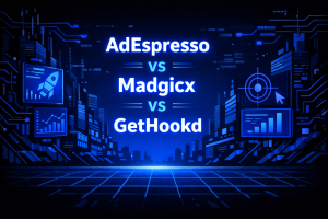 AdEspresso vs Madgicx vs GetHookd comparison graphic with rocket, analytics charts and targeting icons on a glowing blue futuristic city backdrop