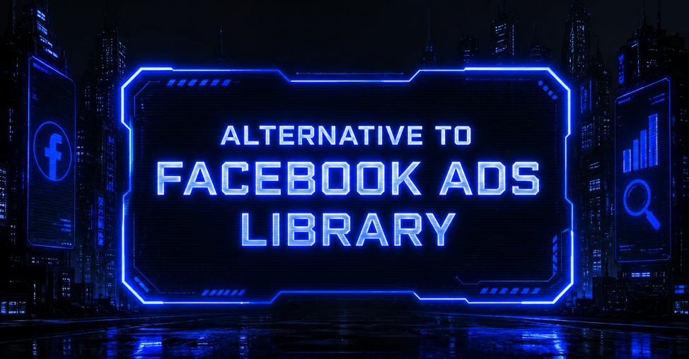 Bright sign titled Alternative to Facebook Ads Library shines between skyscrapers featuring social media and search graphics.