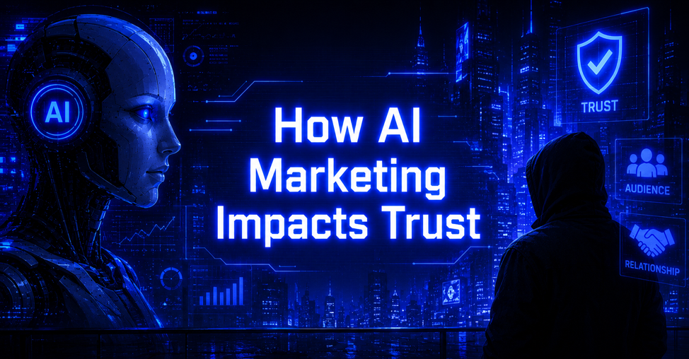 Cyberpunk AI marketing illustration showing trust issues between brands and consumers.