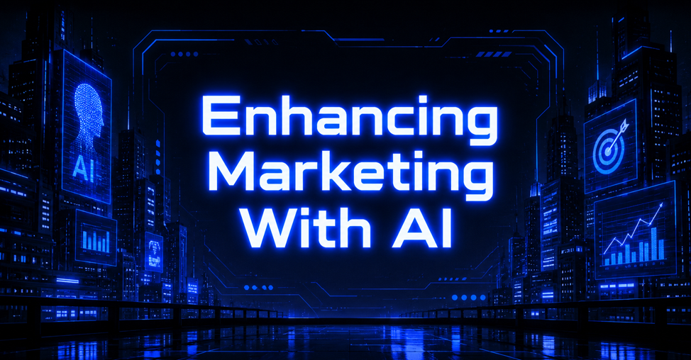 Glowing text about Enhancing Marketing With AI displayed across a futuristic city skyline lined with digital billboards and charts.