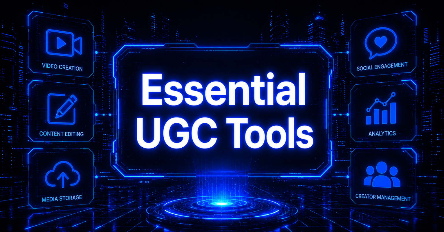 Cyberpunk-style header image with “Essential UGC Tools” in glowing blue text, surrounded by futuristic icons for video creation, content editing, analytics, creator management, and media storage on a dark tech-themed background.