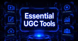 Cyberpunk-style header image with “Essential UGC Tools” in glowing blue text, surrounded by futuristic icons for video creation, content editing, analytics, creator management, and media storage on a dark tech-themed background.
