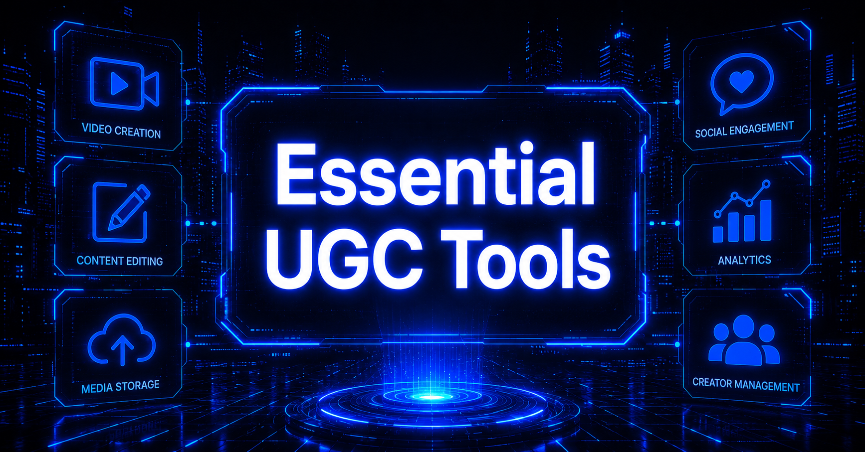 Cyberpunk-style header image with “Essential UGC Tools” in glowing blue text, surrounded by futuristic icons for video creation, content editing, analytics, creator management, and media storage on a dark tech-themed background.