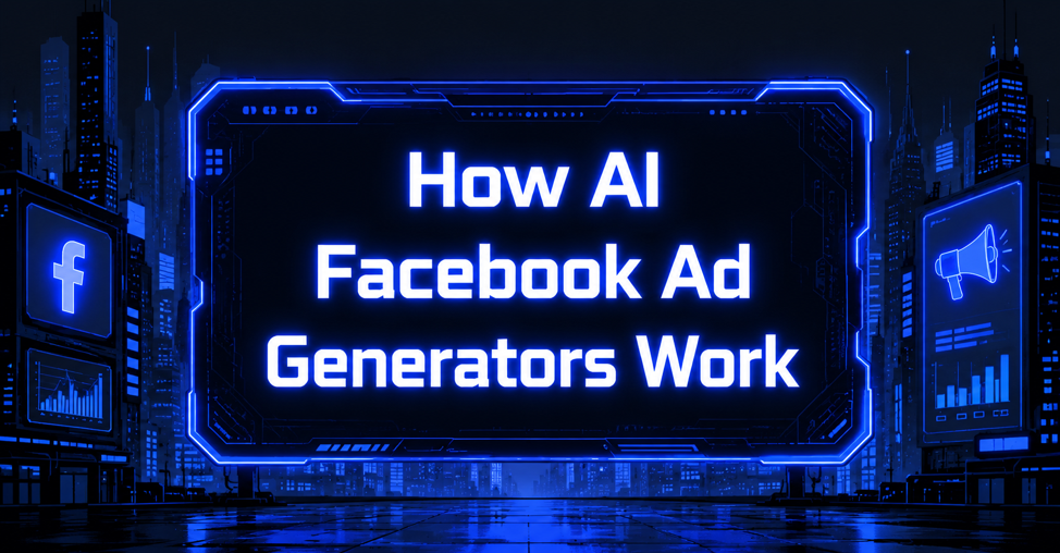 Large illuminated screen displaying How AI Facebook Ad Generators Work, flanked by Facebook logo and megaphone billboards.