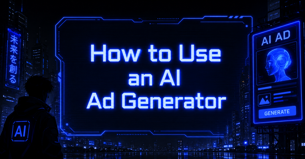 Cyberpunk-style AI ad generator interface creating futuristic digital advertising campaigns.