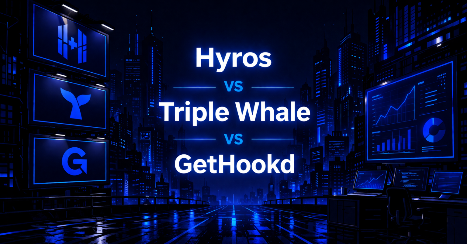 Hyros vs Triple Whale vs GetHookd comparison graphic with billboards, analytics dashboards, and a glowing blue nighttime cityscape