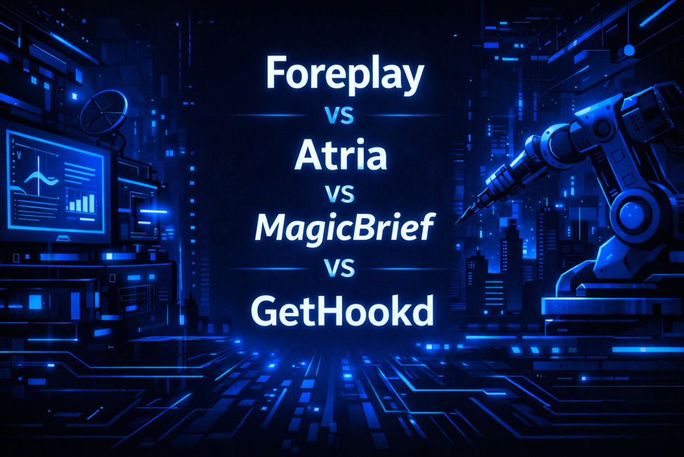 Foreplay vs Atria vs MagicBrief vs GetHookd comparison graphic with a glowing city skyline, robot arm, and analytics monitor.