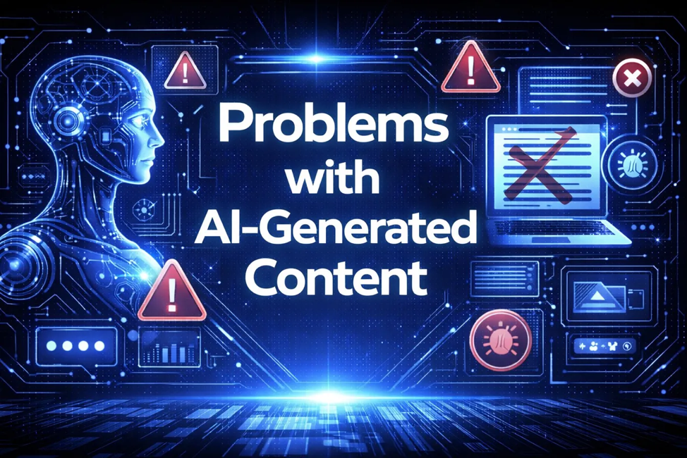 Problems with AI-Generated Content graphic with a humanoid robot, red warning triangles, a crossed-out document on a laptop, and error icons on a blue digital background.