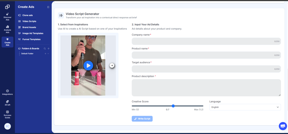 Screenshot of GetHookd's Video Script Generator dashboard showing input fields for company name, product name, target audience, and product description.