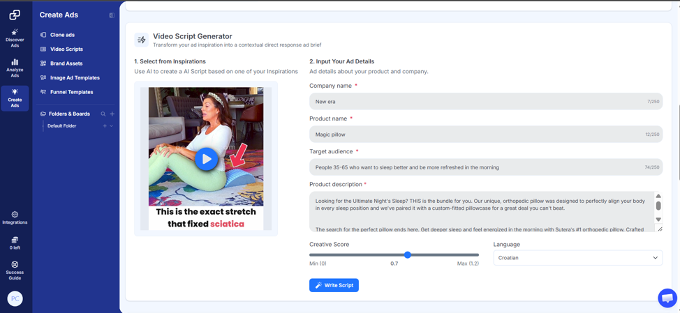 Screenshot of GetHookd's Video Script Generator.