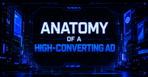 Futuristic blue neon cityscape with screen displaying text about the anatomy of a high-converting ad.