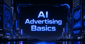 Bold AI Advertising Basics text glowing over a futuristic skyline featuring a robot face and target board.