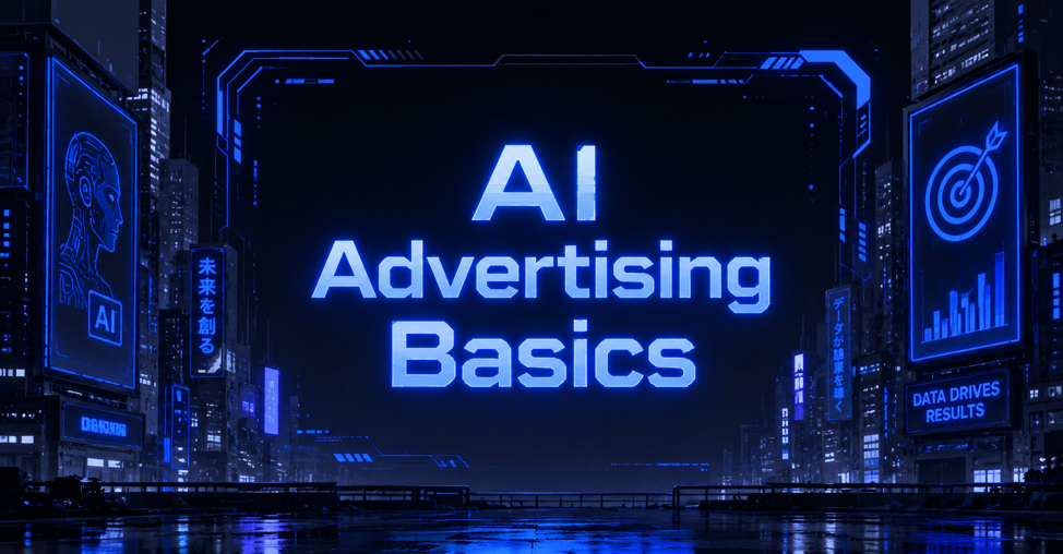 Bold AI Advertising Basics text glowing over a futuristic skyline featuring a robot face and target board.