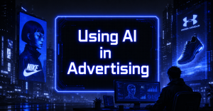 AI-powered advertising campaign visuals in futuristic cyberpunk marketing control center.