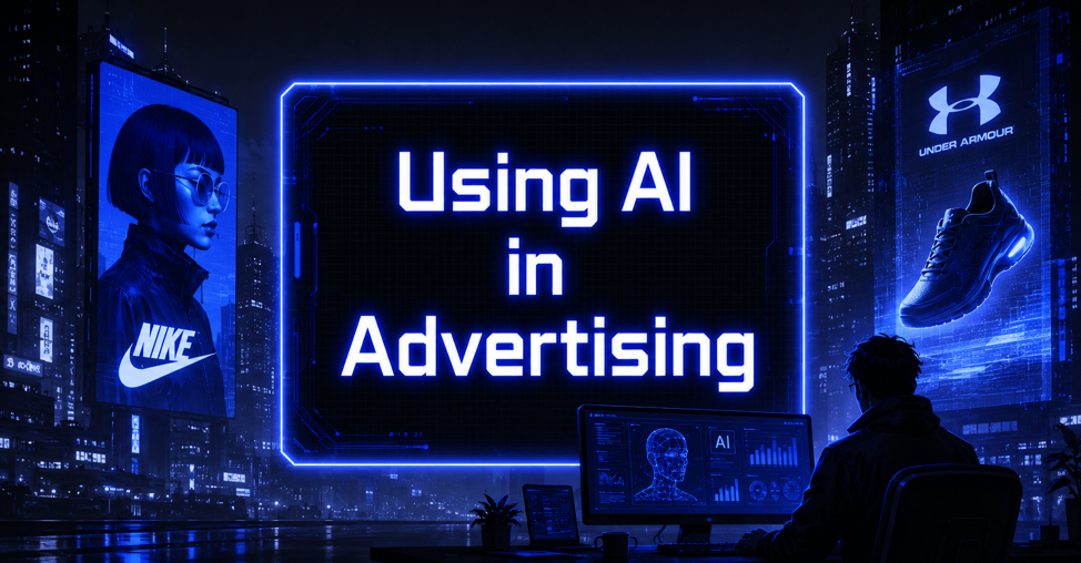 AI-powered advertising campaign visuals in futuristic cyberpunk marketing control center.