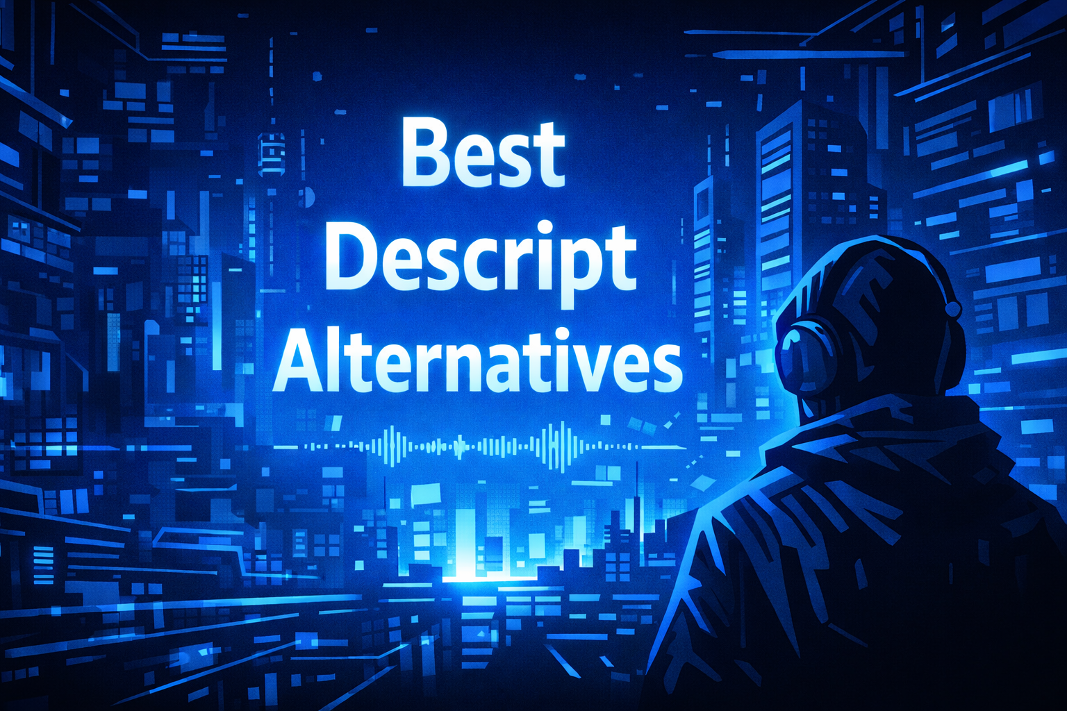 Best Descript Alternatives title graphic featuring a hooded figure gazing into a glowing blue futuristic metropolis with a floating audio waveform.