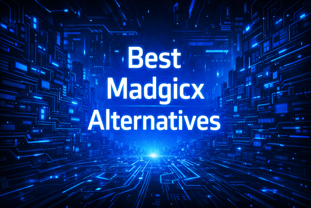 Best Madgicx Alternatives title graphic over a glowing blue tunnel of circuit board walls converging toward a bright vanishing point.