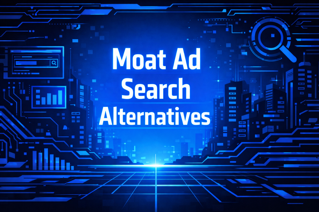 Moat Ad Search Alternatives title graphic showing circuit board patterns, a magnifying glass icon, bar charts, and a search bar interface.