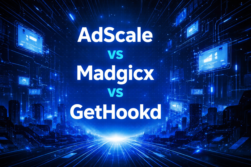 Comparison graphic of AdScale vs Madgicx vs GetHookd set against a glowing blue digital cityscape with floating dashboard screens and radiating light rays