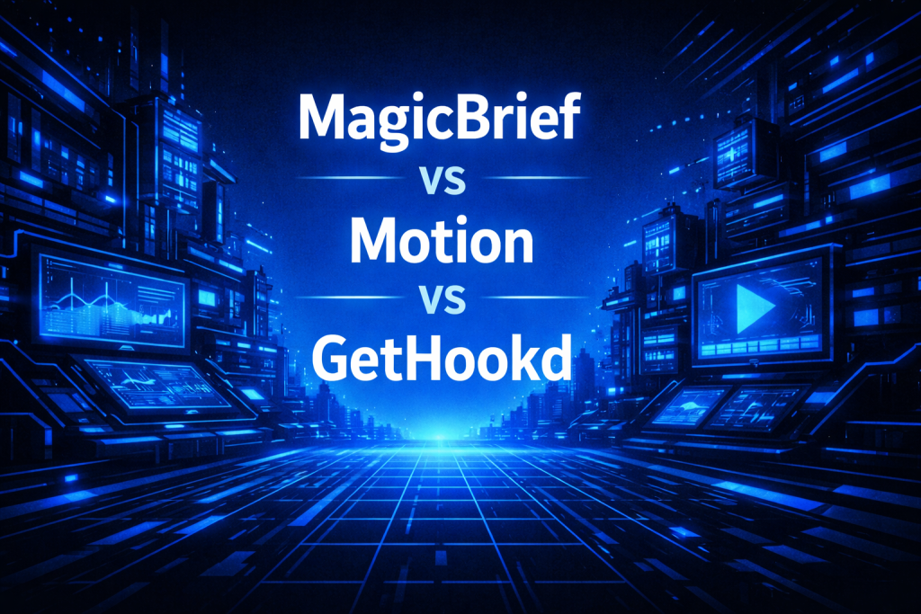 Comparison graphic of MagicBrief vs Motion vs GetHookd with analytics dashboards and a video player screen lining a glowing blue futuristic city corridor