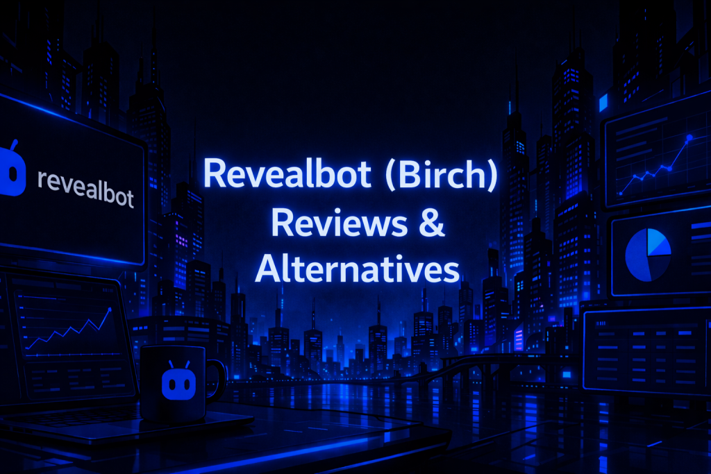 Revealbot (Birch) Reviews and Alternatives title graphic with analytics screens and a dark blue neon-lit city skyline in the background.