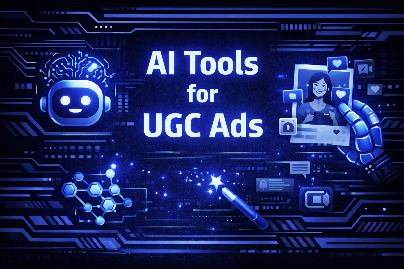 AI Tools for UGC Ads graphic with a friendly robot, a robotic arm holding a creator photo, a magic wand, and molecule nodes on a dark blue circuit board background.