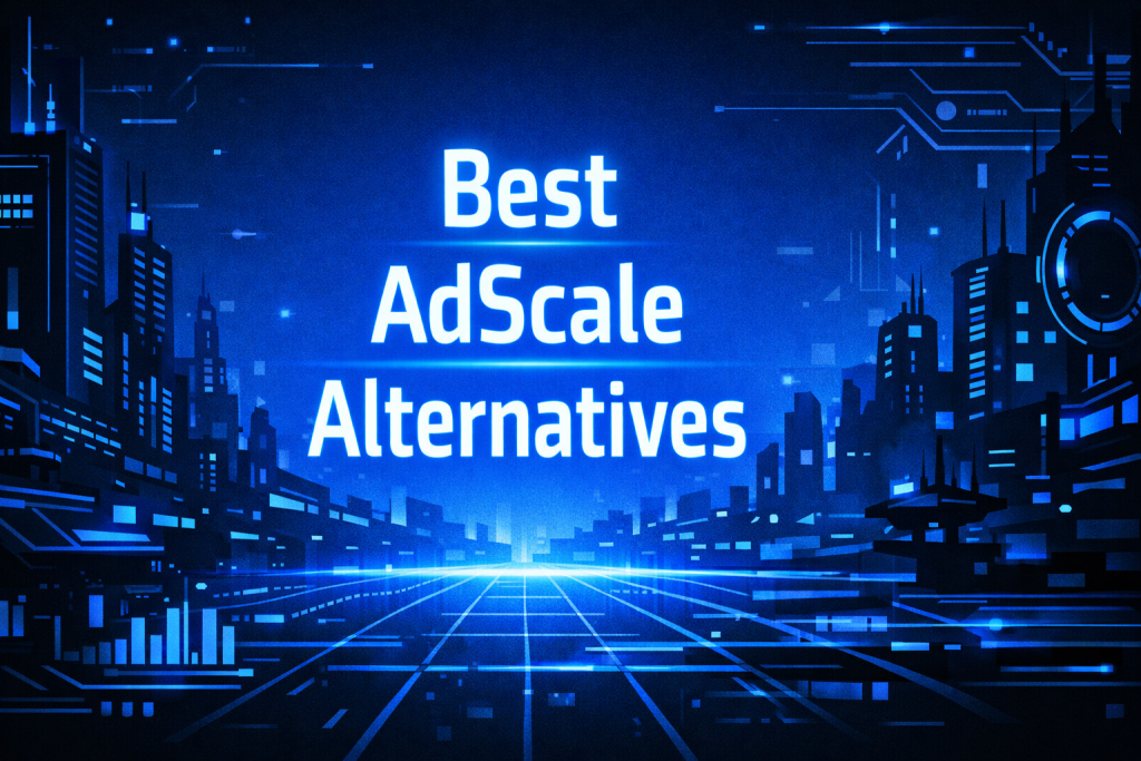 Best AdScale Alternatives graphic over a glowing blue futuristic highway stretching toward a bright vanishing point between towering neon-lit buildings.