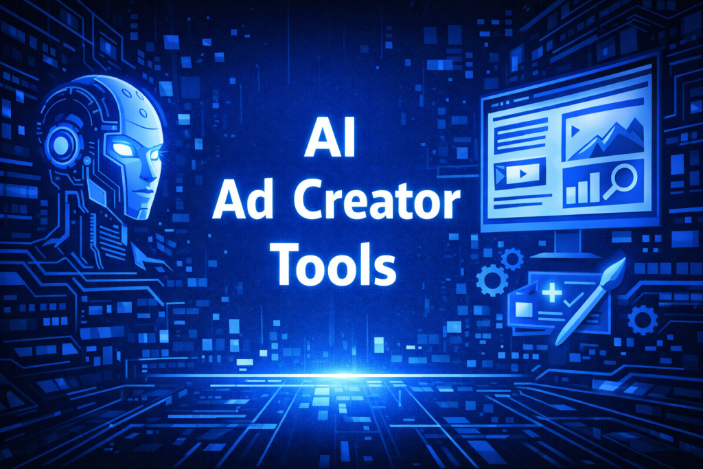AI Ad Creator Tools graphic with a robot head, a content dashboard screen, a design pen, gear icons, and a glowing blue futuristic corridor background.