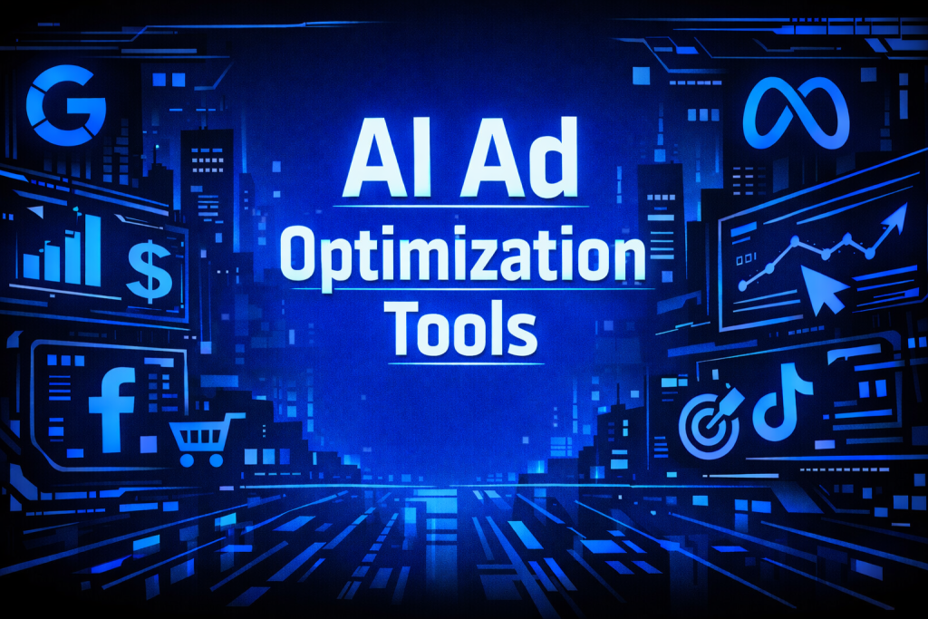 AI Ad Optimization Tools graphic with Google, Facebook, Meta, and TikTok logos alongside growth charts, a dollar sign, and a targeting icon on a blue digital background.