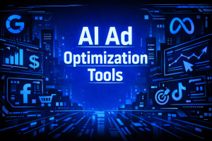 AI Ad Optimization Tools graphic with Google, Facebook, Meta, and TikTok logos alongside growth charts, a dollar sign, and a targeting icon on a blue digital background.