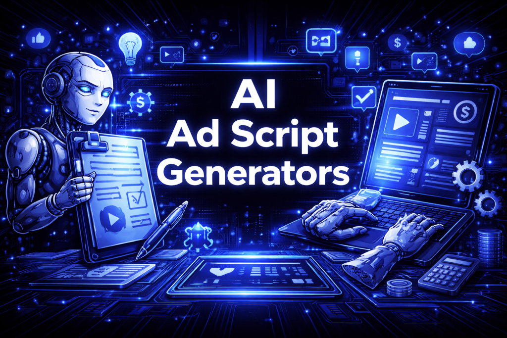 AI ad script generators graphic with a humanoid robot holding a script clipboard and robotic hands typing on a laptop, surrounded by content creation icons.