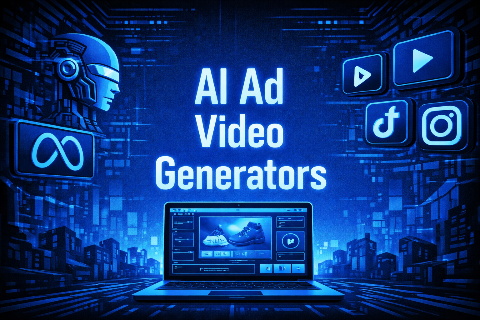 AI Ad Video Generators graphic with a robot head, Meta, TikTok, and Instagram logos, and a laptop displaying a video editor with a product ad on a blue digital background.