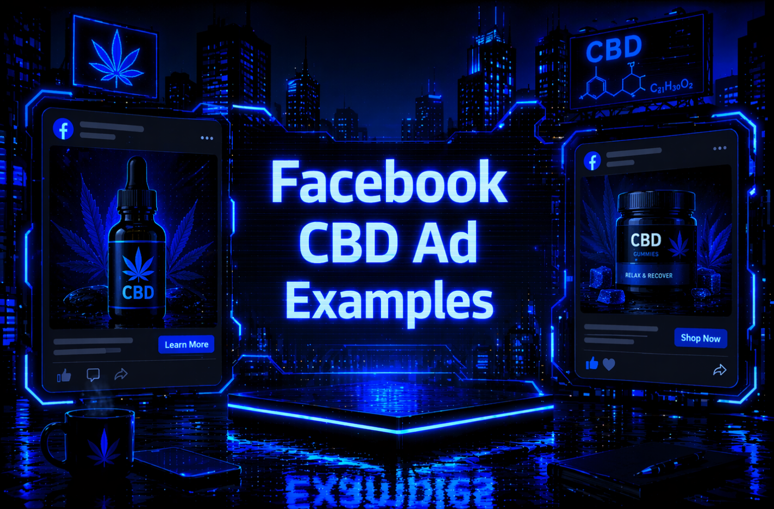 Facebook CBD Ad Examples graphic with two realistic Facebook ad mockups showing CBD oil drops and CBD gummies on a dark neon-lit background.