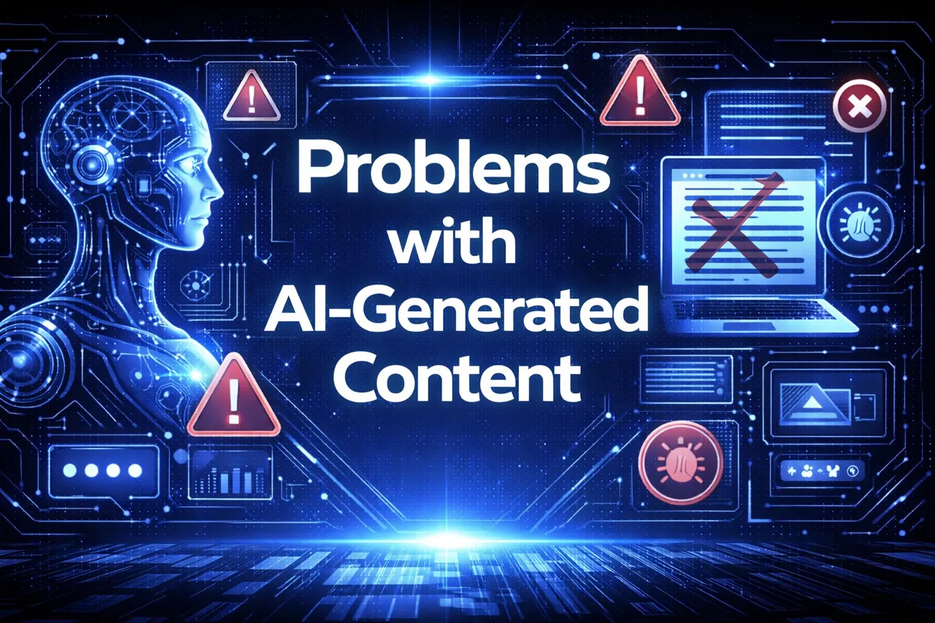 Problems with AI-Generated Content graphic with a humanoid robot, red warning triangles, a crossed-out document on a laptop, and error icons on a blue digital background.