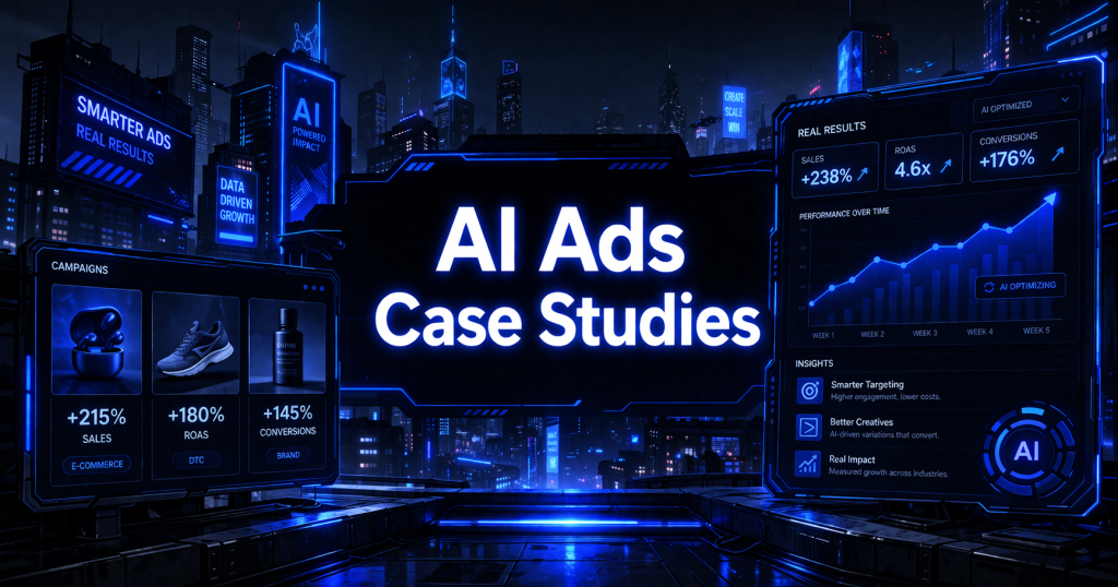 AI ads case studies graphic with campaign dashboards showing product ads, sales metrics, and a performance growth chart against a dark futuristic skyline.