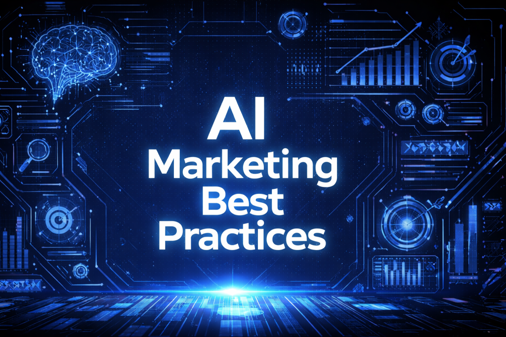 AI Marketing Best Practices graphic with a glowing digital brain, bar charts, targeting reticles, and radar displays on a dark blue circuit board background.