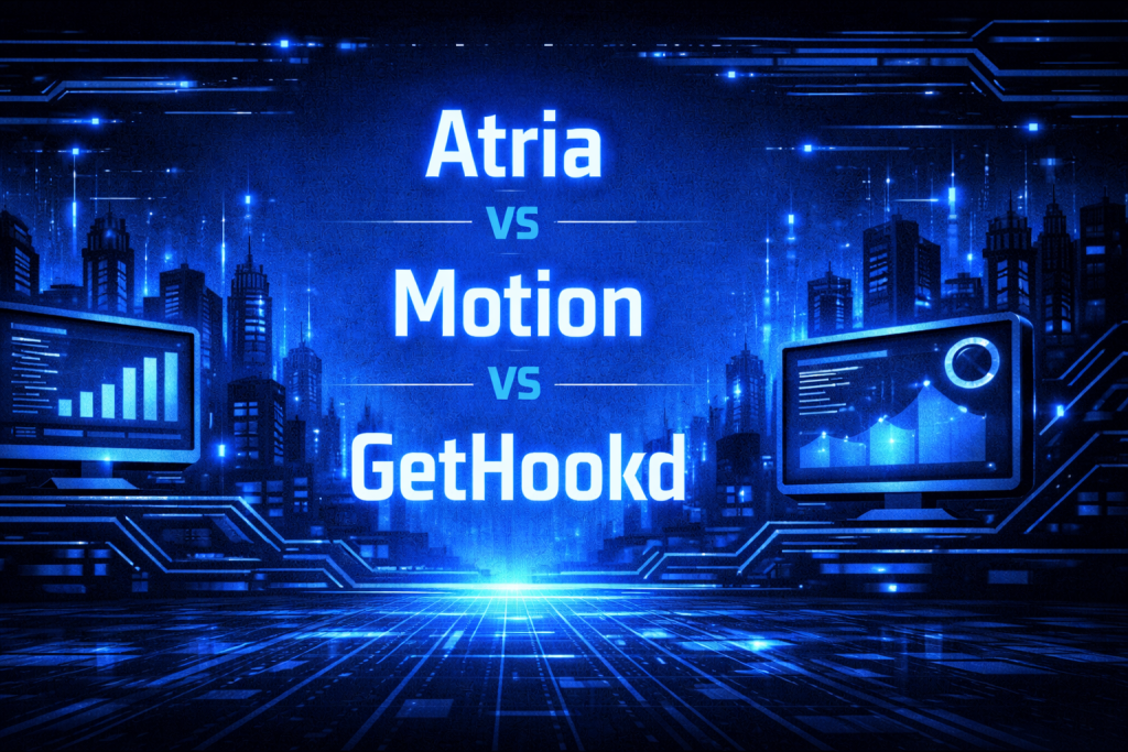 Atria vs Motion vs GetHookd comparison graphic with two analytics monitors flanking a glowing blue futuristic skyline.