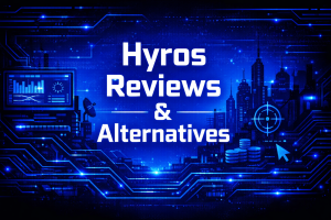 Hyros Reviews and Alternatives graphic with an analytics monitor, satellite dish, coin stacks, a targeting reticle, and circuit board patterns on a blue digital background.